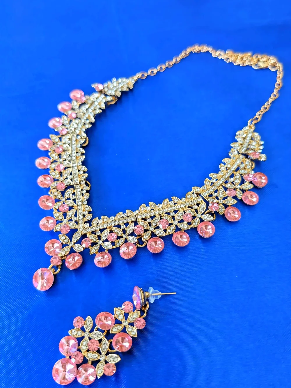 Gold Plated Pink Crystal Statement Necklace & Earring Set